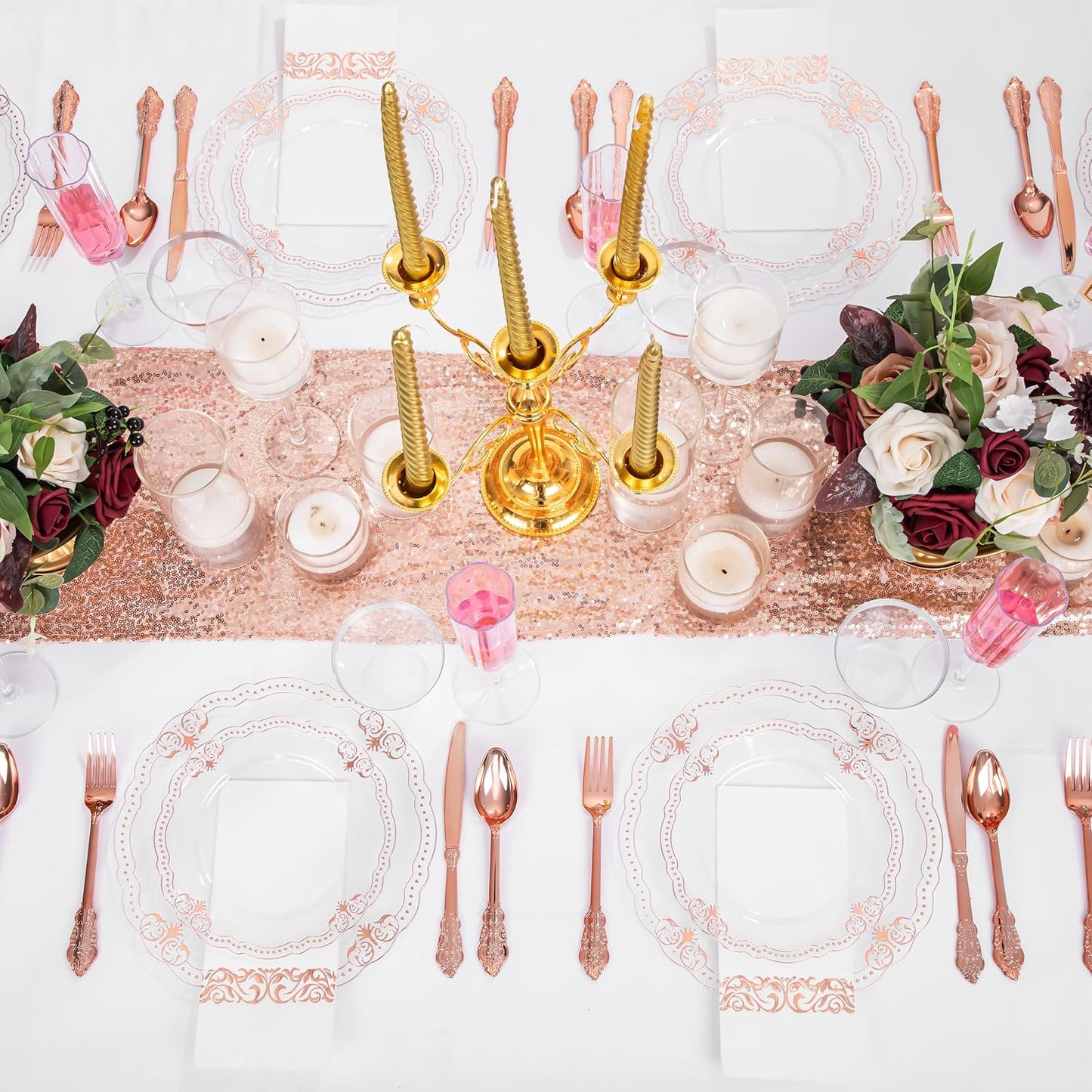 Ciaell 175 PCS Rose and Gold Plastic Plates - Fancy Rose Gold Disposable Dinnerware Set with of 50 Plates, 25 Knives, 25 Forks, 25 Spoons, 25 Cups, 25 Napkins for Wedding & Party