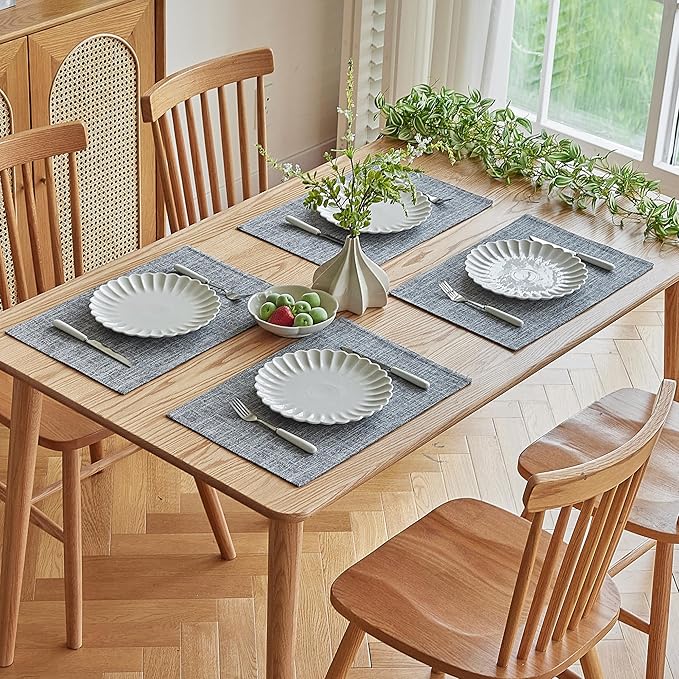 Softalker Faux Linen Placemats Set of 8-12 x 18 Inch, Heat Resistant Double Layered Durable Burlap Farmhouse Place Mats, Non-Slip Washable Rustic Table Mats for Dining, Kitchen, Party（Light Grey