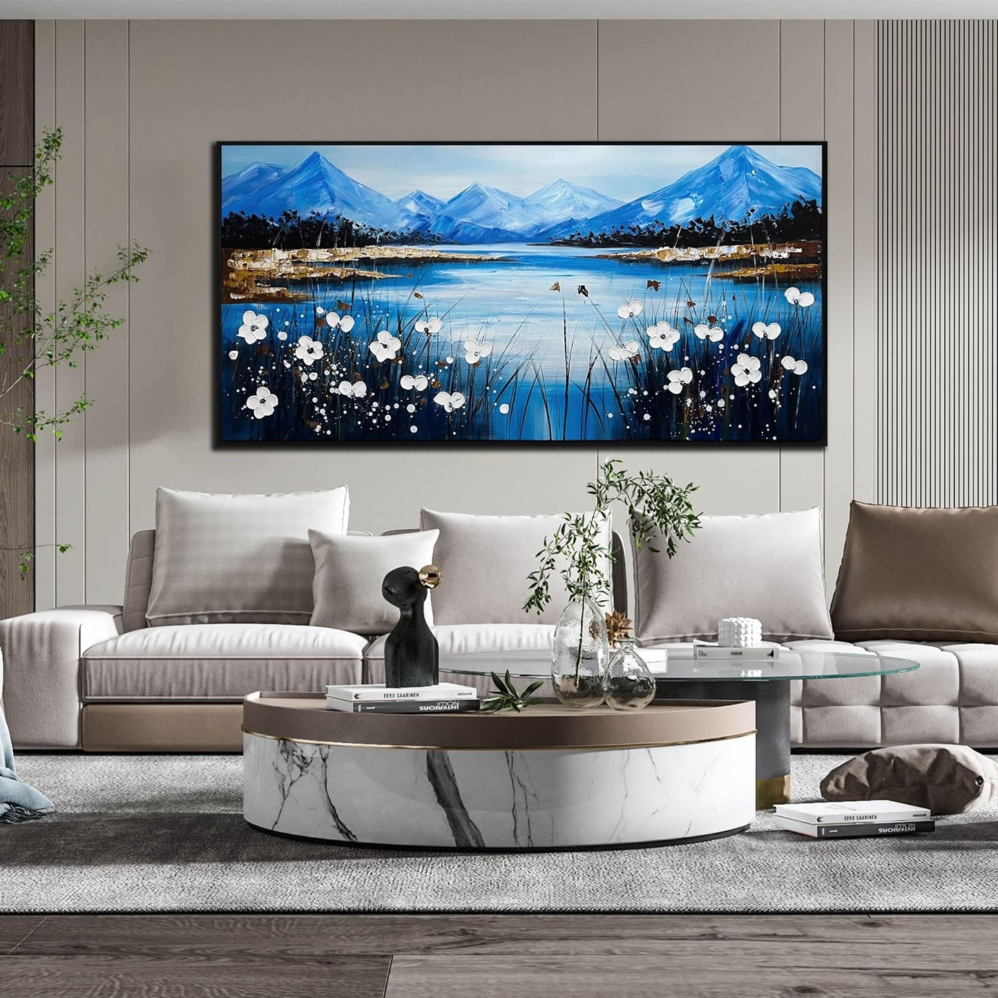 Nature Landscape Large Pictures for Living Room - Hand Painted Lake Wall Art for Office - Framed Wall Art for Bedroom Size 29" x 59"