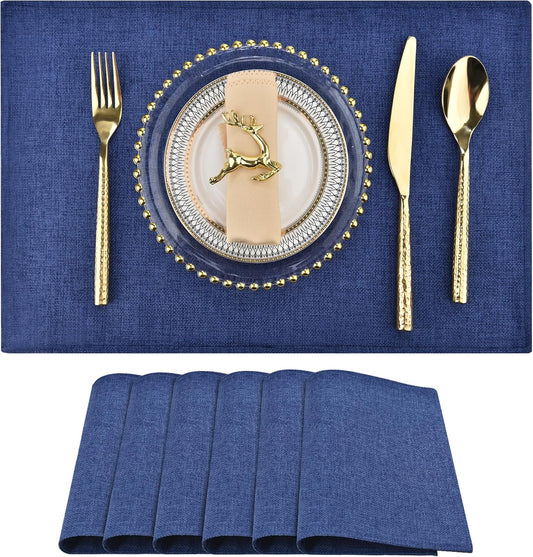 SLKQG Blue Linen-Look Placemats Set of 6, Heat Resistant & Machine Washable Double-Layered Cloth Placemats for Dining Table, Indoor/Outdoor Use, Non-Slip Kitchen Table Mats (6, Navy Blue)