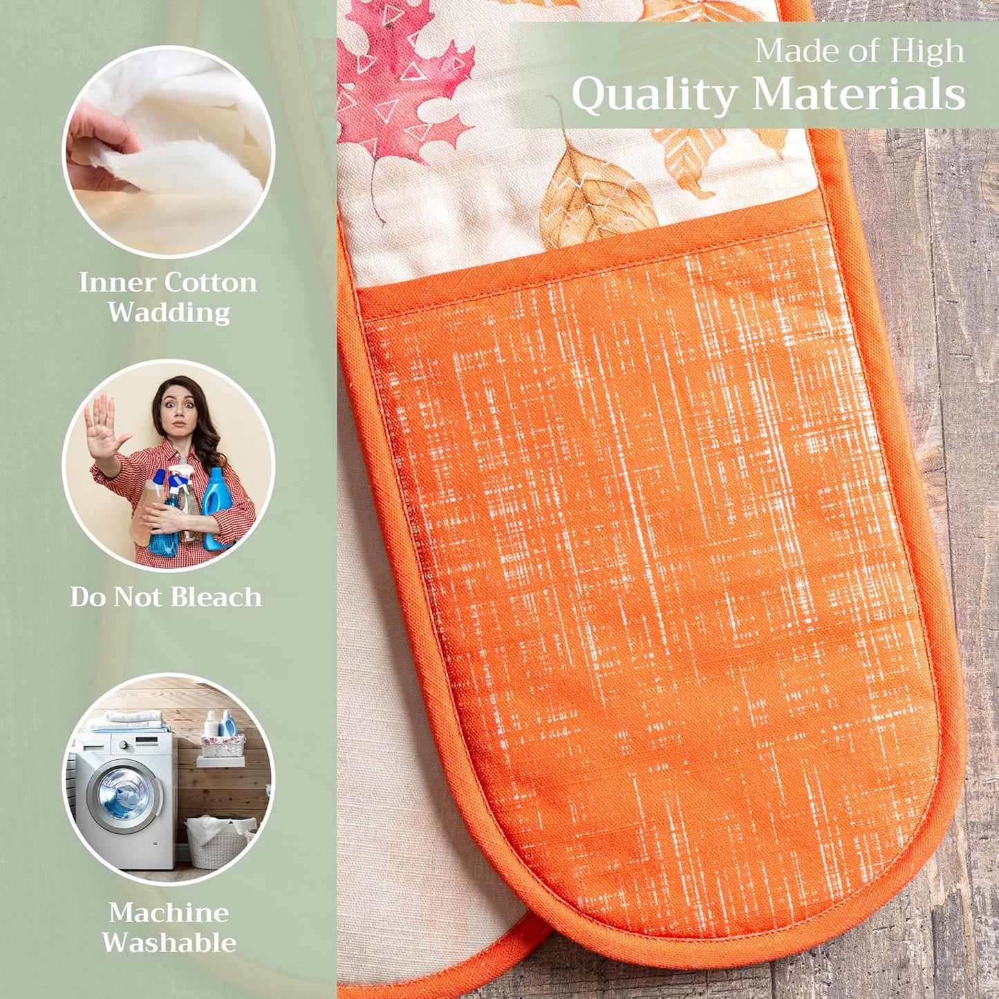 Maison d' Hermine Double Oven Mitt (7" x 35") 100% Cotton Heat Resistant BBQ Cooking Gloves with Loop for Thanksgiving Christmas Decorations Baking Cooking Handling Hot Pan (Colours of Autumn)