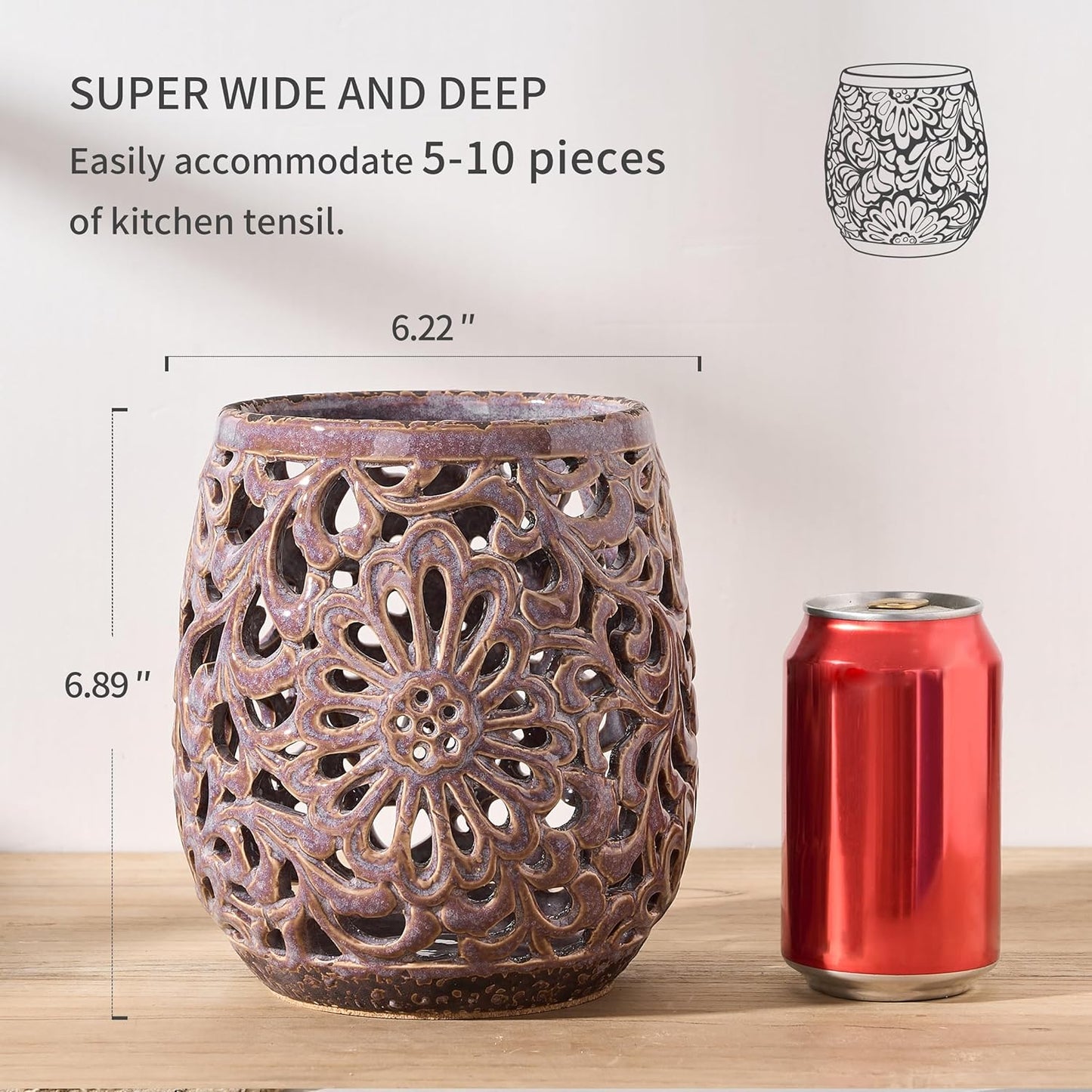 Farmhouse Kitchen Utensil Holder for Kitchen Counter, Ceramic Large Cooking Utensil Crock with Cork Mat, Countertop Cooking Tool Spatula Organizer, Purple Antique Design