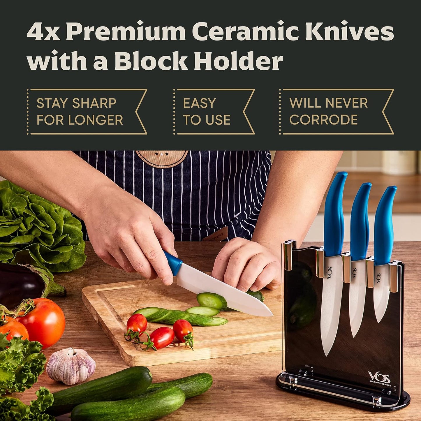 Vos Ceramic Knife Set with Block, Ceramic Knives Set For Kitchen, Ultra Sharp Kitchen Knife Set with Covers, 3" 4" 5" 6" Chef Knife, Utility, Paring & Versatile, Lightweight, Dishwasher safe (Blue)