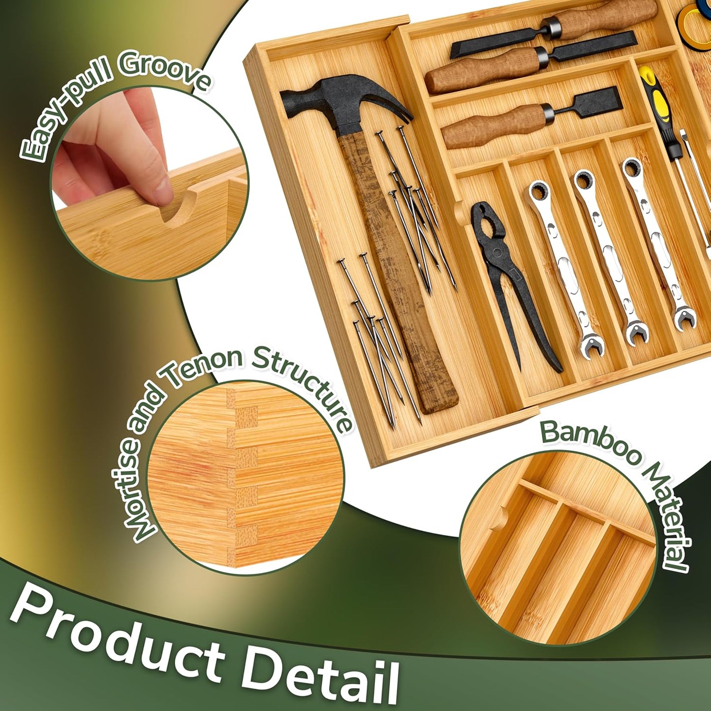 BAMEOS drawer organizer flatware organizer cutlery tray silverware organizer expandable adjustable bamboo drawer organizer kitchen bathroom