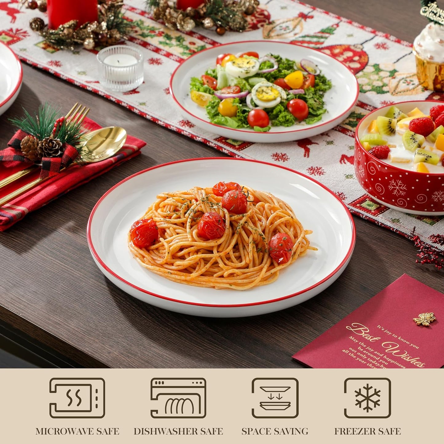 MALACASA Plates and Bowls Sets, 24 Pieces Christmas Porcelain Dinnerware Set for 8, Ceramic Dishware Dishes Kitchen Dining Ware Set, Microwave and Dishwasher Safe, Series LUNA-Christmas Tree