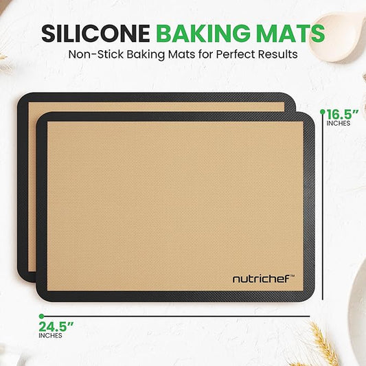 Nutrichef Silicone Baking Mats | 2 Non-stick Food-Grade Silicone Mats | Perfect for Full Baking Pans 24.4 x 16.5 IN | Oven-safe Up to 480 Degrees F | Suitable for Ovens, Freezers & Dishwashers | Black