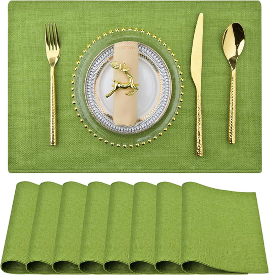 SLKQG Green Linen-Look Placemats Set of 8, Heat Resistant & Machine Washable Double-Layered Cloth Placemats for Dining Table, Indoor/Outdoor Use, Non-Slip Kitchen Table Mats (8, Grass Green)