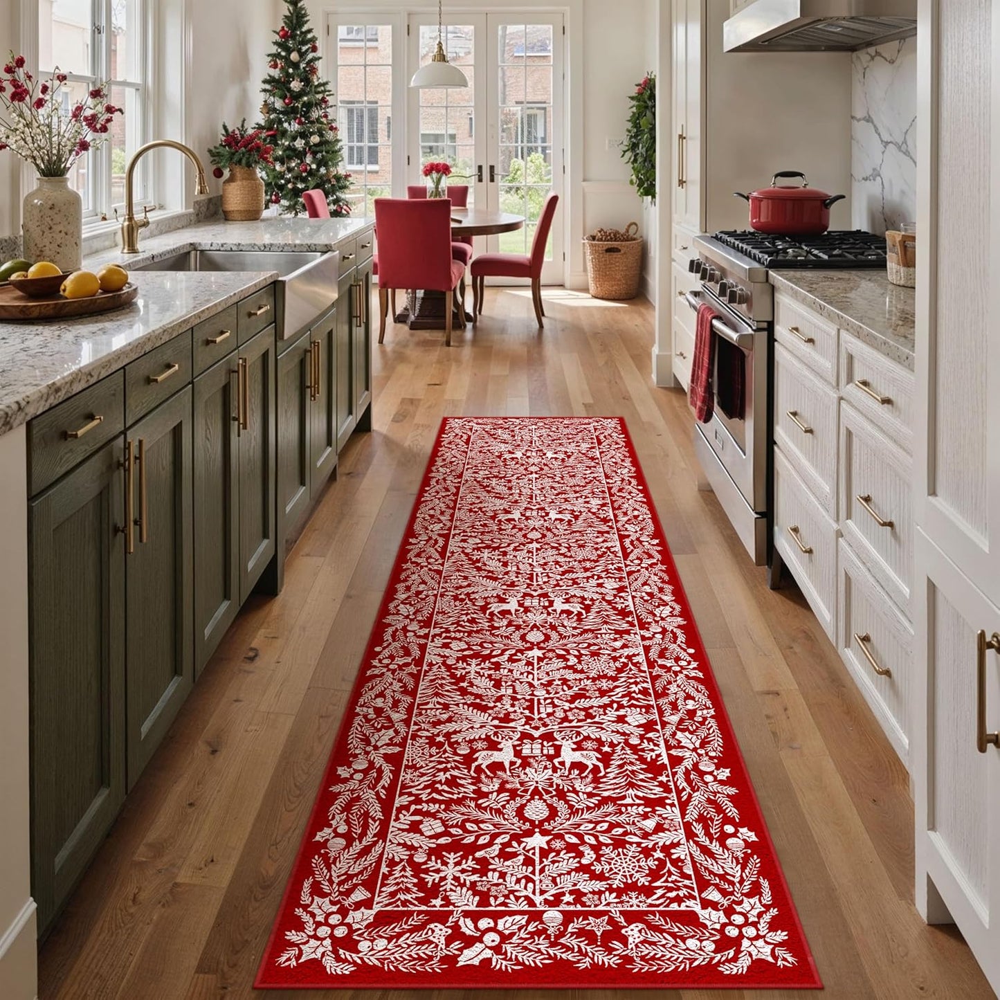 Christmas Runner Rugs 2x8 Machine Washable Hallway Rugs Low Pile Carpet Red Snowflake Non-Slip Indoor Doormat Christmas Deer Long Carpet for Bedroom Kitchen Entryway Bathroom Laundry Room