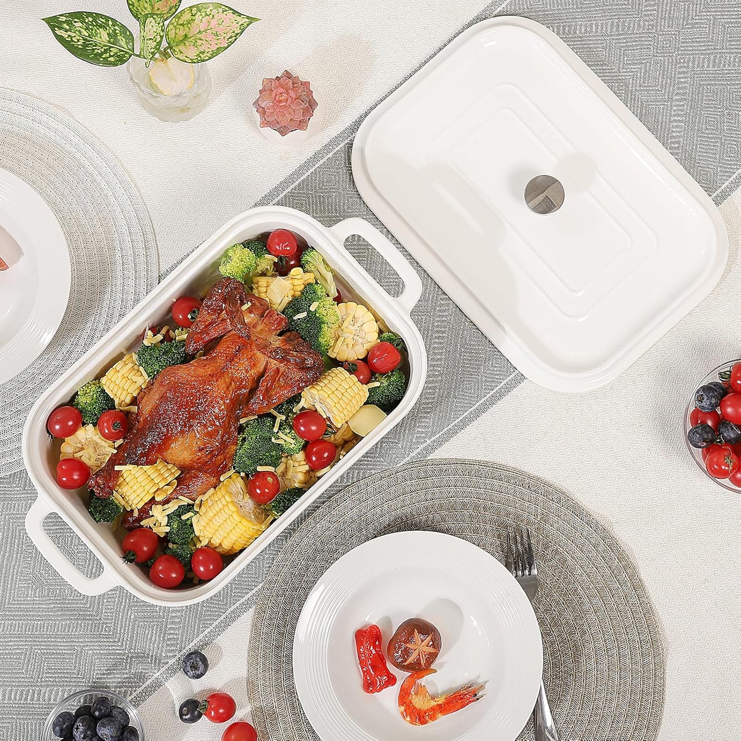 Casserole Dish,Large Baking Dish Cookware,Deep Lasagna Pan for Oven,Ceramic Bakeware for Baking, Easy to Clean (White, 5 Quart,With Lid)