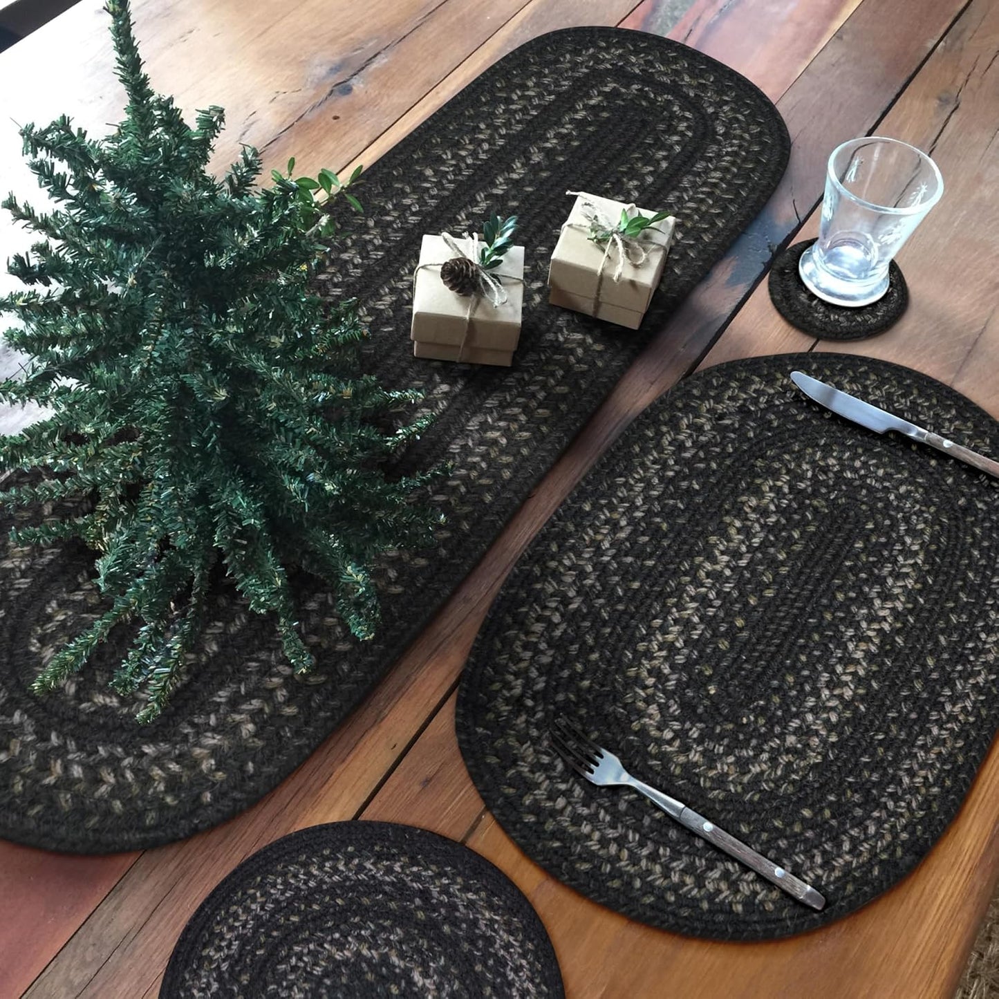 Homespice Jet Black Braided Oval Table Runner, Warm Primitive Decor,11x36 - Jute Dining Table Accessories - Rich Colors, Easy to Clean, Durable and Protects Furniture