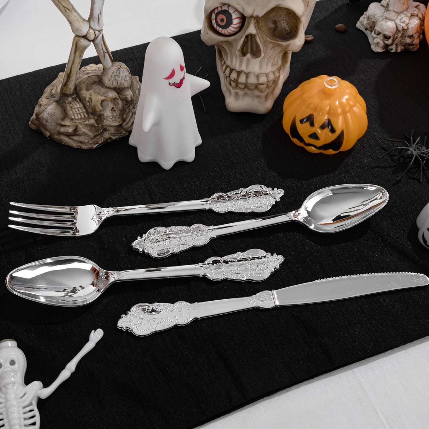 WELLIFE 50 Pack Silver Plastic Silverware, Wrapped Silverware Set Disposable,Plastic Utensils Set Include 50 Forks, 50 Knives, 50 Spoons and 50 Napkins, Disposable Cutlery for Party and Wedding