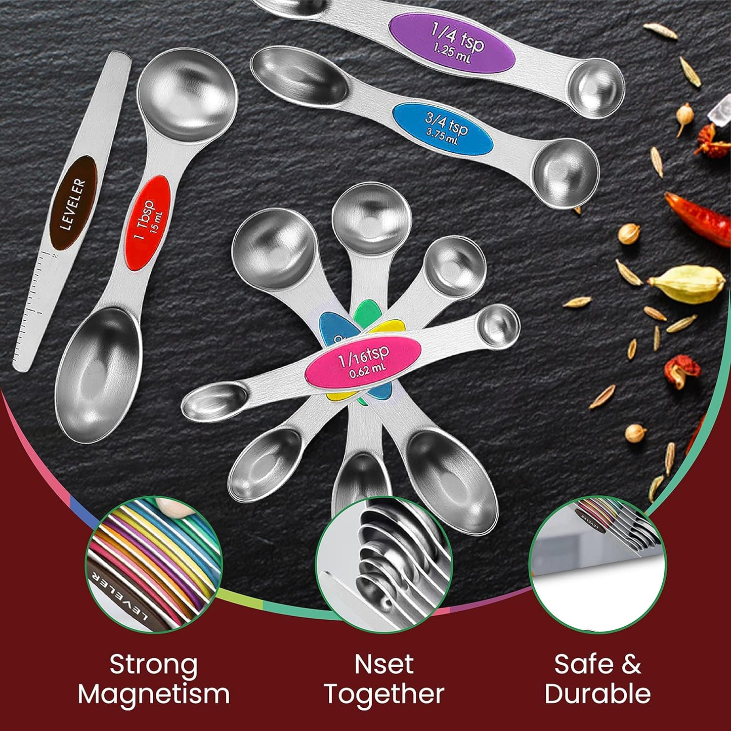 Magnetic Measuring Spoons Set of 9 Stainless Steel Dual-Sided Stackable Measuring Spoon Nesting Teaspoons Measuring Dry and Liquid Ingredients, Fits in Spice Jars Set of 9 (Multicolor)