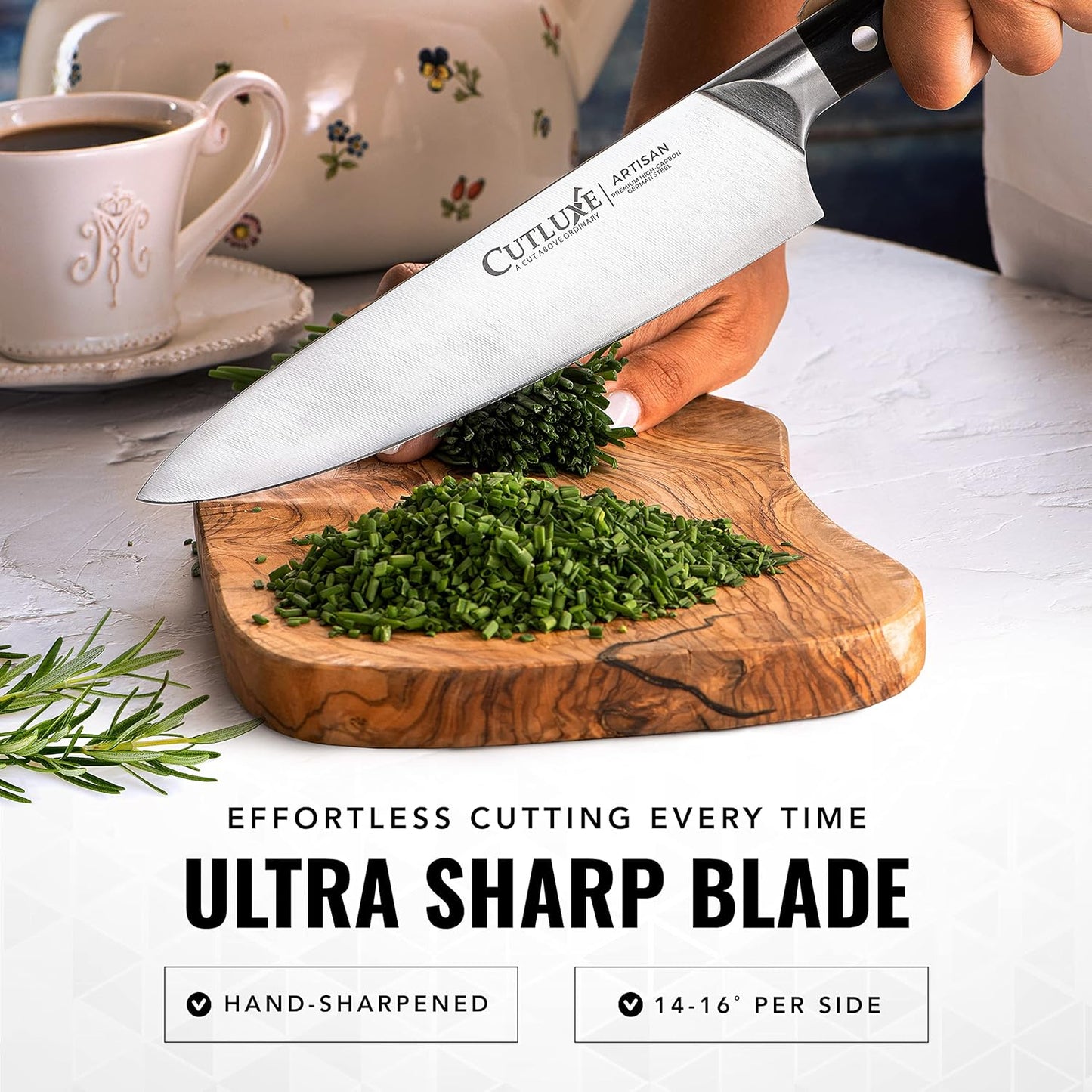 Cutluxe Chef Knife – 8" Kitchen Knife, German High Carbon Steel, Full Tang, Ergonomic Handle Design, Sheath Included – Artisan Series