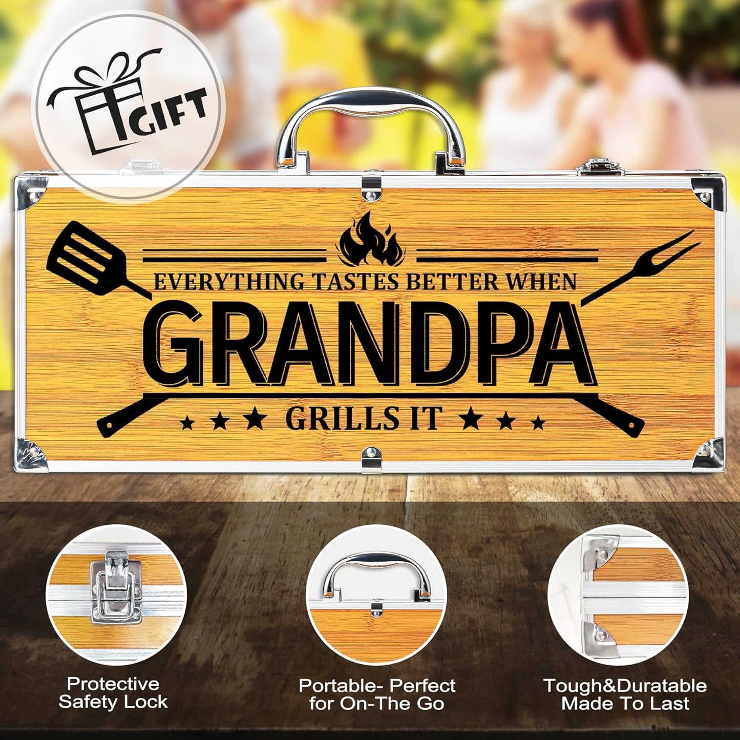 Grandpa Gifts from Grandkids, Grilling Gift Heavy Duty Wooden BBQ Grilling Accessories Kit, Thick Stainless Steel Grill Utensils with Non-Slip Handle Tools in Portable Bag on Christmas