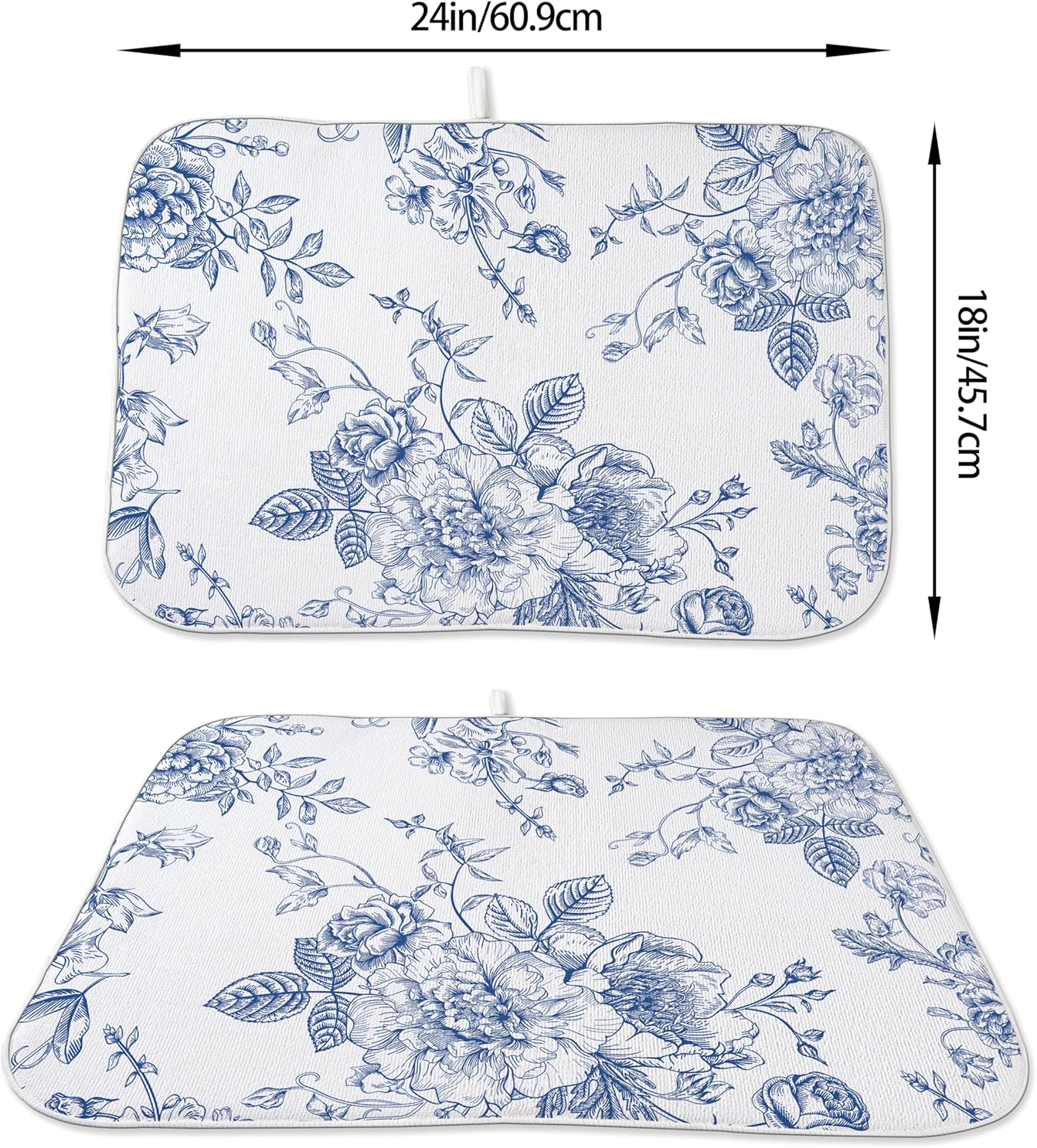 Chinoiserie Floral Dish Drying Mat 18 x 24 inch Vintage Blue Flower Decorative Drying Mats Microfiber Absorbent Dish Washable Draining Mat for Kitchen Counter Decor