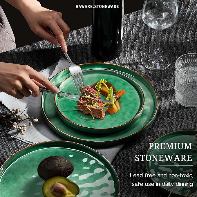 HaWare Dinnerware Sets, 6-Piece Plates and Bowls Set, Stoneware Dish Set for 2, Ceramic Dinnerware for Home Restaurant, Chip and Scratch Resistant, Microwave and Dishwasher Safe, Reactive Green