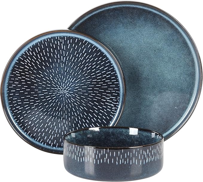 Gibson Elite 12 Piece Matisse Moderna Stoneware Reactive Glaze Plates and Bowls Dishes Dinnerware Set - Cobalt Blue