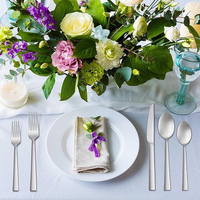 Herogo 60-Piece Matte Silverware Set for 12, Stainless Steel Square Flatware Cutlery Set, Tableware Eating Utensils Include Knife Spoon Fork, Satin Finish, Dishwasher Safe