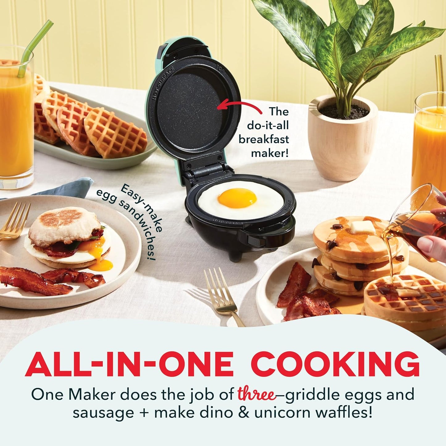 DASH Multimaker Mini System - Waffle Maker with Six 4” Removable Plates: Waffle Iron & Griddle, 4-in-1 Mini Waffle Maker for Kids and Families – Nonstick Surface, Just Add Batter (Aqua)