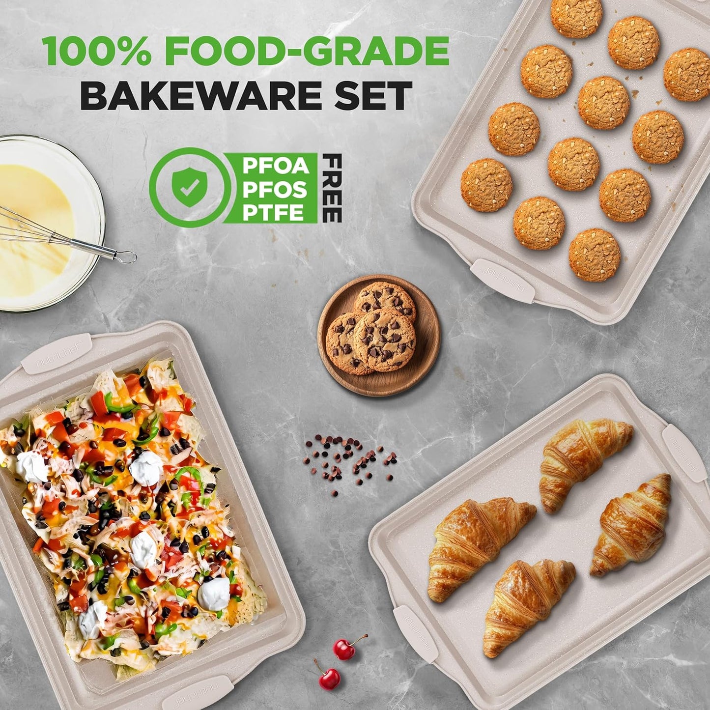 NutriChef 3 Piece Nonstick Cookie Sheets for Baking - Premium Carbon Steel Baking Pans with Black Silicone Handles - Even Heat Distribution, PFOA/PFOS/PTFE Free, Easy to Clean - Cream Marble, NCBKT3CM