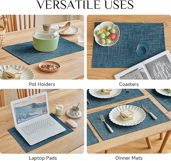 Softalker Faux Linen Placemats Set of 8-12 x 18 Inch, Heat Resistant Double Layered Durable Burlap Farmhouse Place Mats, Non-Slip Washable Rustic Table Mats for Dining, Kitchen, Party（Teal