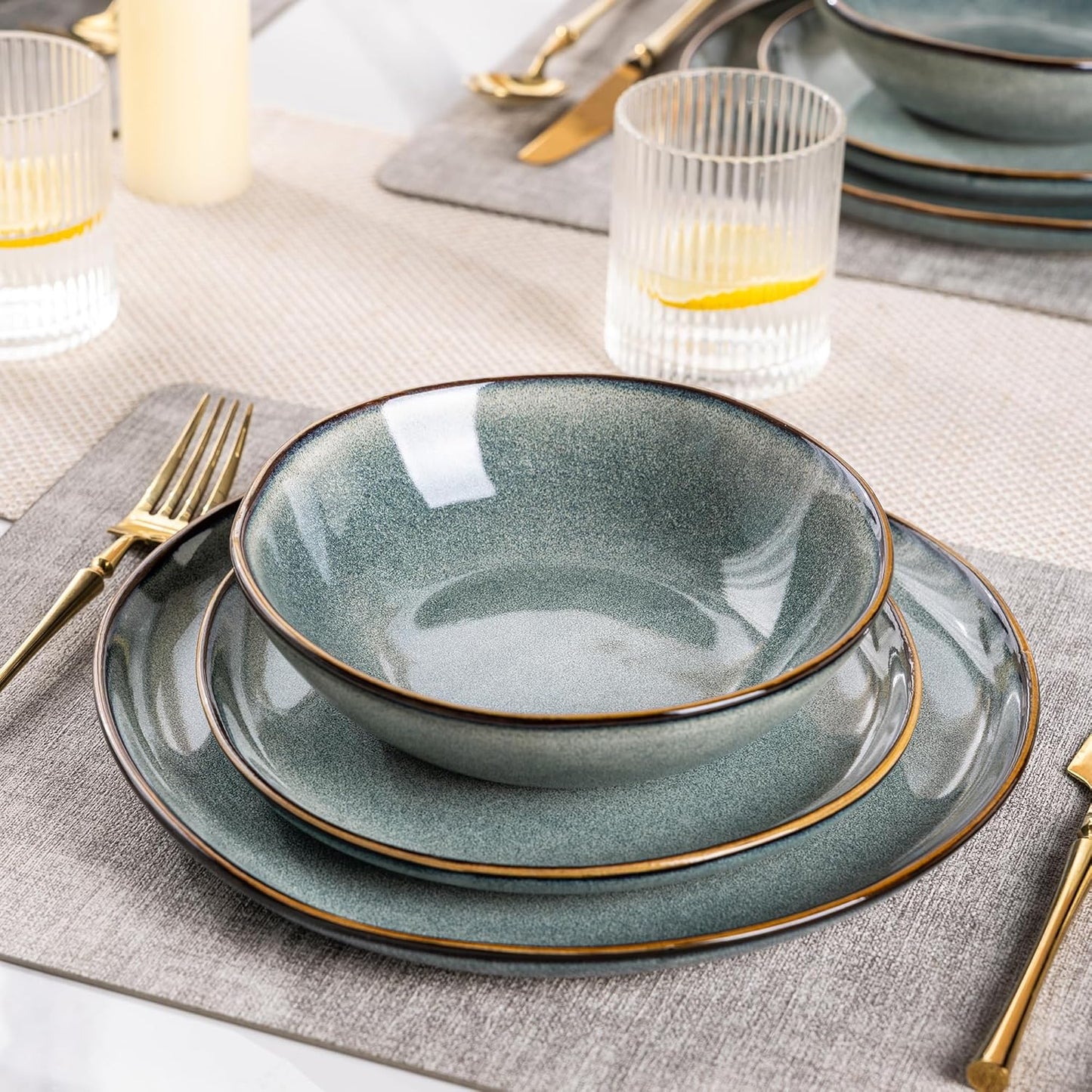 AmorArc Ceramic Dinnerware Sets,Handmade Reactive Glaze Stoneware Plates and Bowls Sets,Highly Scratch Resistant | Dishwasher & Microwave Safe Dishes Set,Service for 8 (24pc)