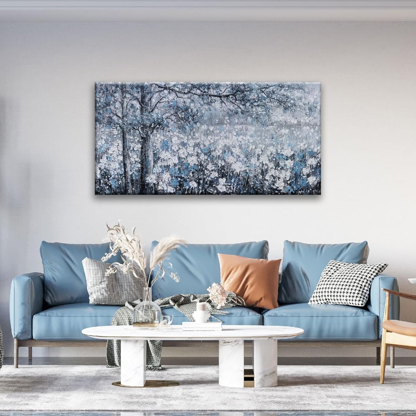 Wall Art for Living Room Blue And White Abstract Tree Flower Modern Artwork Canvas Painting Textured Tree Pictures Wall Decor Bedroom Dining Room Home Office Decor 24"x48" Ready to Hang