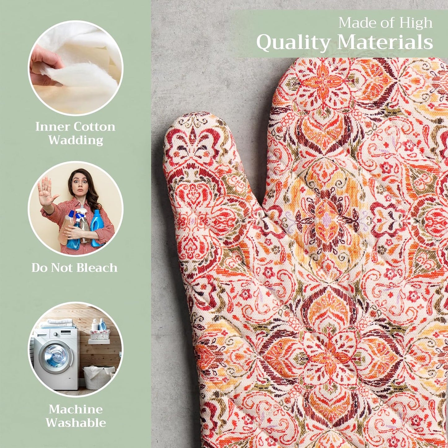 Maison d' Hermine Oven Gloves 100% Cotton Oven Mitt 7" x 13" with Loop Heat Resistant BBQ Cooking Gloves for Thanksgiving Christmas Decorations Baking Handling Hot Pans (Pack of 1, Damask)