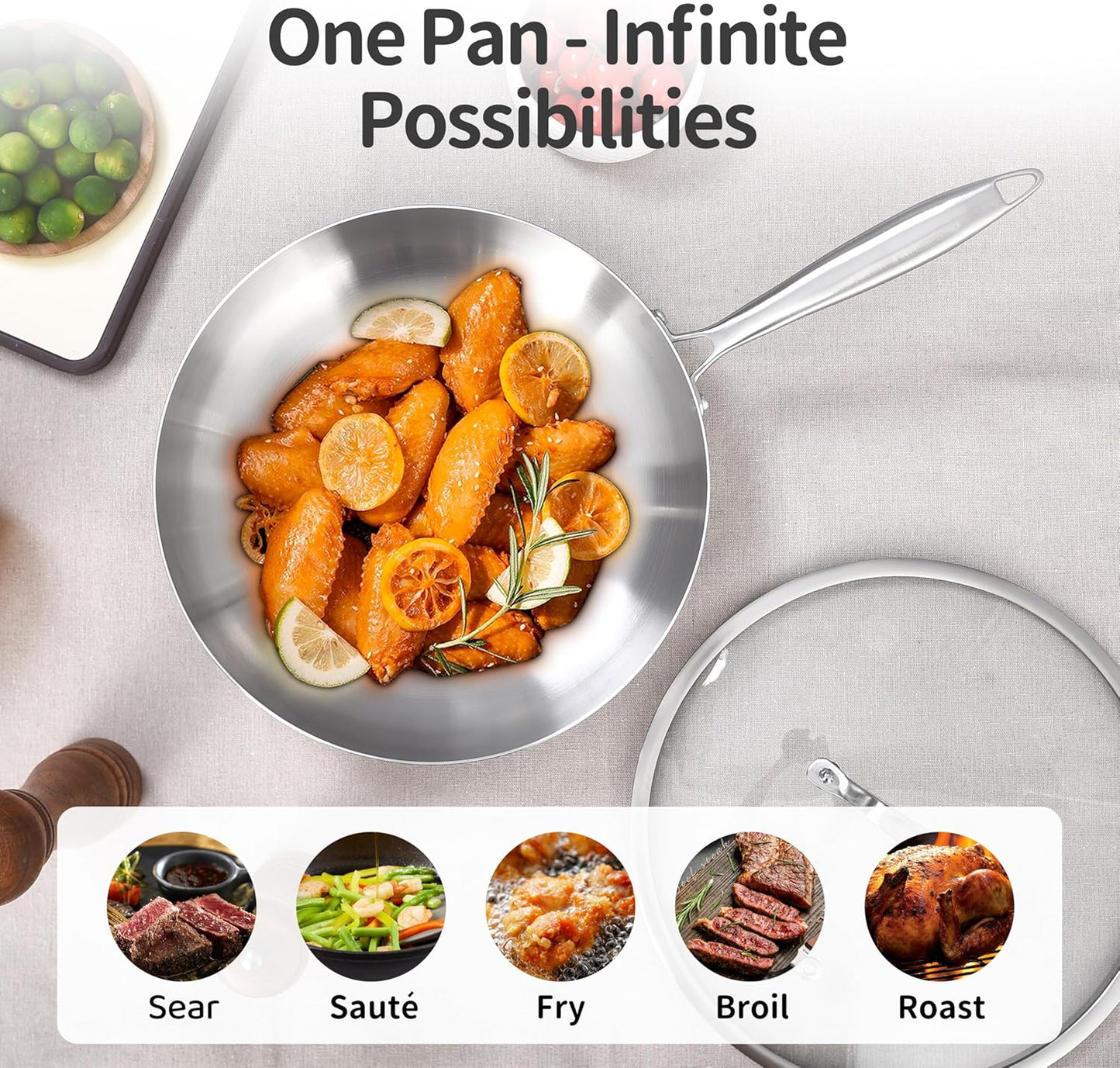 LOLYKITCH 12 Inch Tri-Ply Stainless Steel Frying Pan – Professional Skillet Fast & Even Heating, Induction & Oven Safe up to 500°F, Durable Cookware for Modern Home Kitchens, Detachable Handle