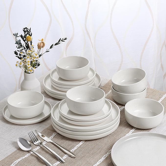 HaWare Stoneware Dinnerware Sets, 18-Piece Plates and Bowls Set for 6, Dishes Set for Home Restaurant, Speckled Milky White