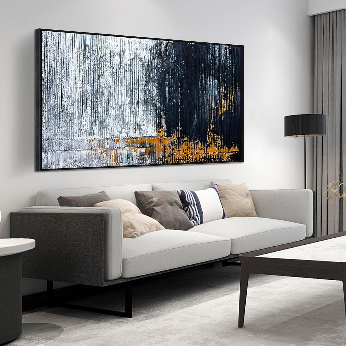 Abstract Hand Painted Wall Art for Living Room - Black and White Pictures Wall Decor for Office -Large Modern Framed Wall Art Size 29" x 59"