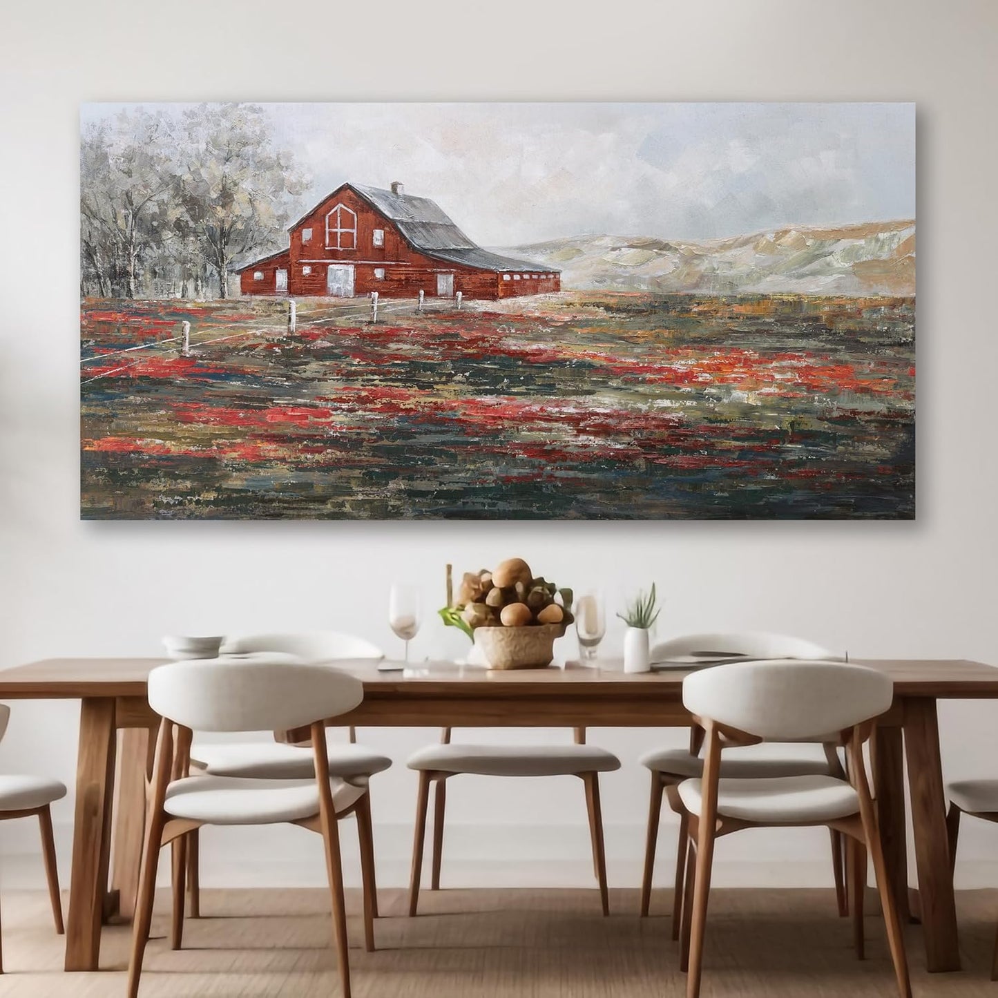 Farmhouse Wall Art Canvas Picture Red Rustic Barn Farm Artwork Decor Country Landscape Panoramic Countryside Rural Nature Scene Painting for Living Room Bedroom Office Decor Wall Decor 29"x58"