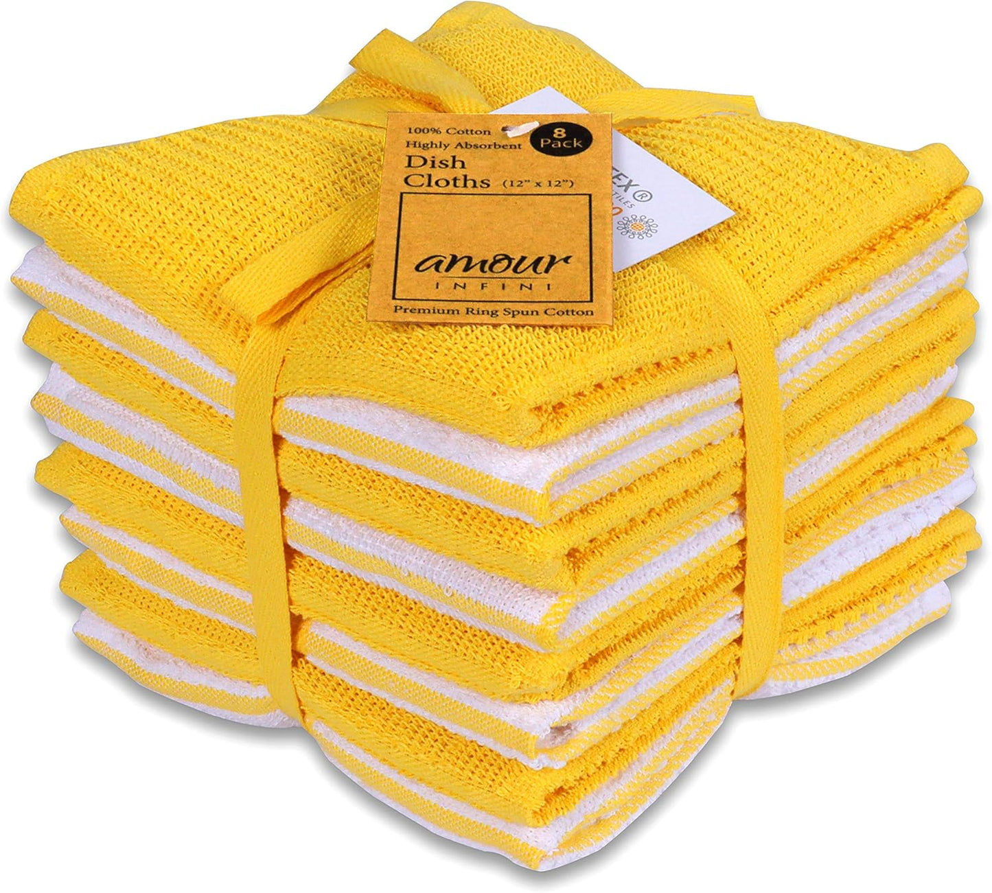 AMOUR INFINI Dish Cloths for Washing Dishes Set of 8 - Highly Absorbent, Super Soft Kitchen Dishcloths - Reusable Quick Dry Dish Rags for Cleaning & Drying Kitchen Linens (12x12 Inch - Yellow)