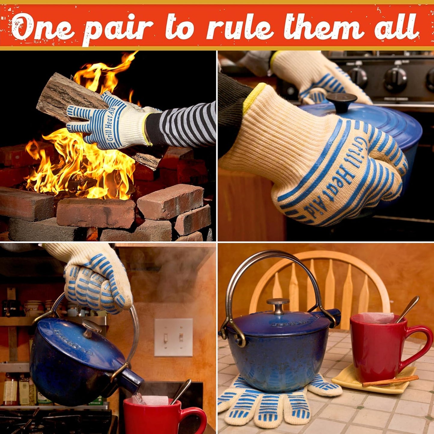 GRILL HEAT AID BBQ Grill Gloves 1472°F - Extreme Heat Resistant Oven Mitts for Grilling, Smoker & Fire Pit with Silicone Grip & EN407 Cut Resistance - Mid Cuff (Small Palm), White & Blue