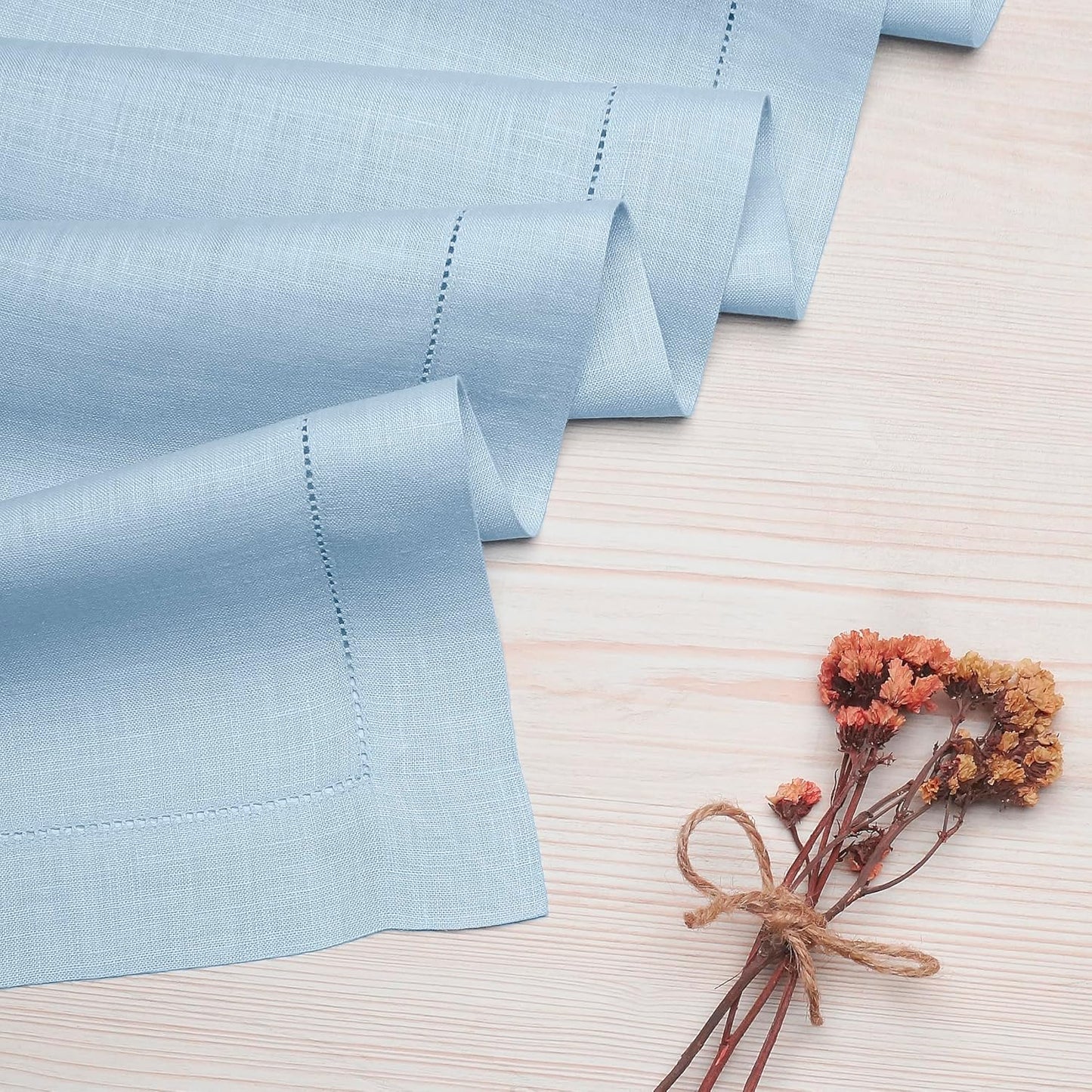 D'Moksha Homes Linen Powder Blue Table Runner 120 Inches Long - 100% Pure Linen Hemstitch 14 x 120 Inch Table Runner for Dining, Fall, Autumn and Halloween - Classic Hemstitch