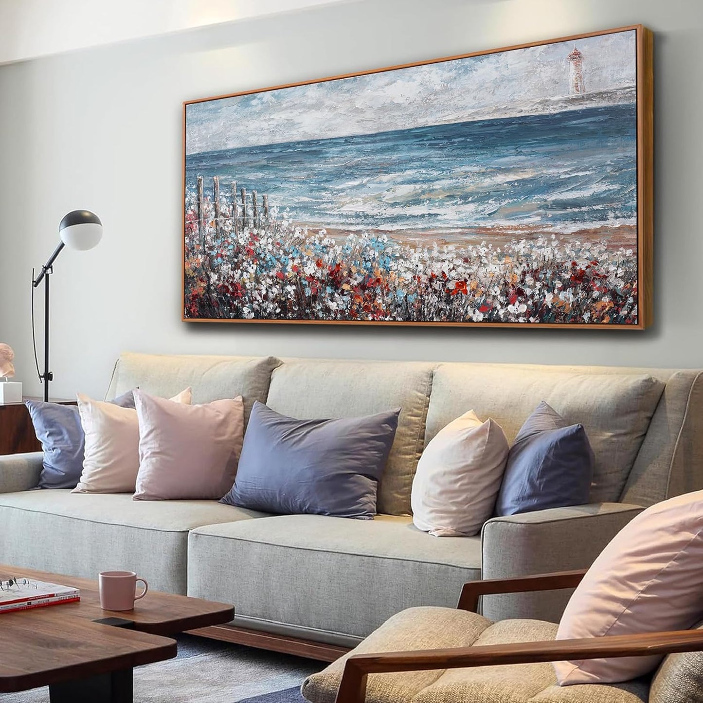 Wall Art Decor Wall Canvas Painting Blue Sea Colorful flowers Landscape Decor Framed For Living Room Bedroom Dining Room Home Office Modern Artwork Home Decoration 24" x 48"