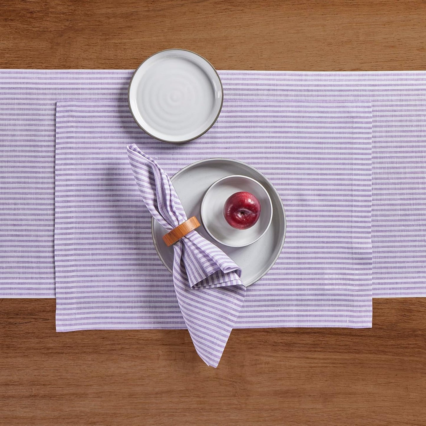 Solino Home Linen Striped Table Runner 132 Inches Long - Narrow Stripe 100% Pure Linen Lavender and White Dining Table Runner 14 x 132 Inch