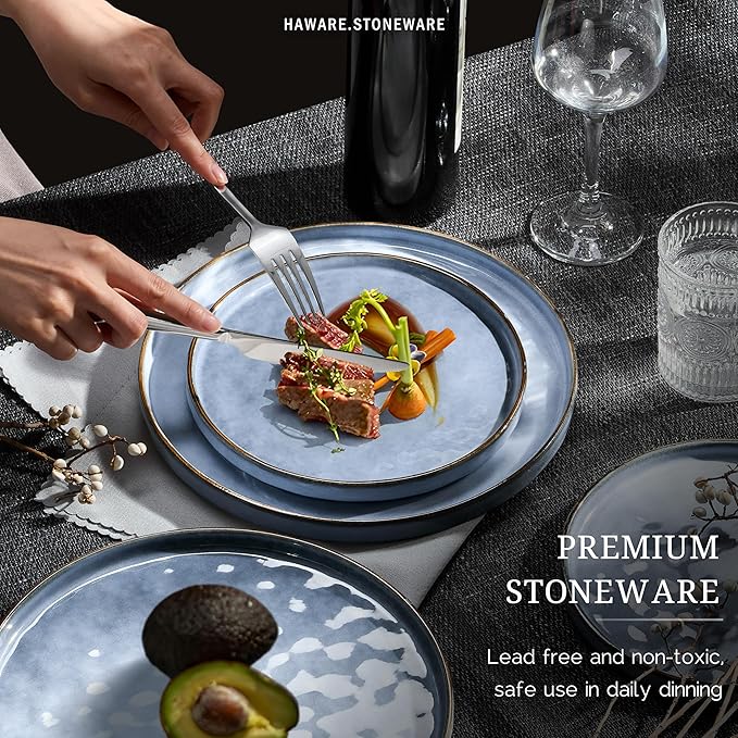 HaWare Dinnerware Sets, 18-Piece Plates and Bowls Set, Stoneware Dish Set for 6, Ceramic Dinnerware for Home Restaurant, Chip and Scratch Resistant, Microwave and Dishwasher Safe, Reactive Blue