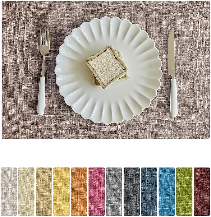 Softalker Faux Linen Placemats Set of 6-12 x 18 Inch, Heat Resistant Double Layered Durable Burlap Farmhouse Place Mats, Non-Slip Washable Rustic Table Mats for Dining, Kitchen, Party,Natural Linen