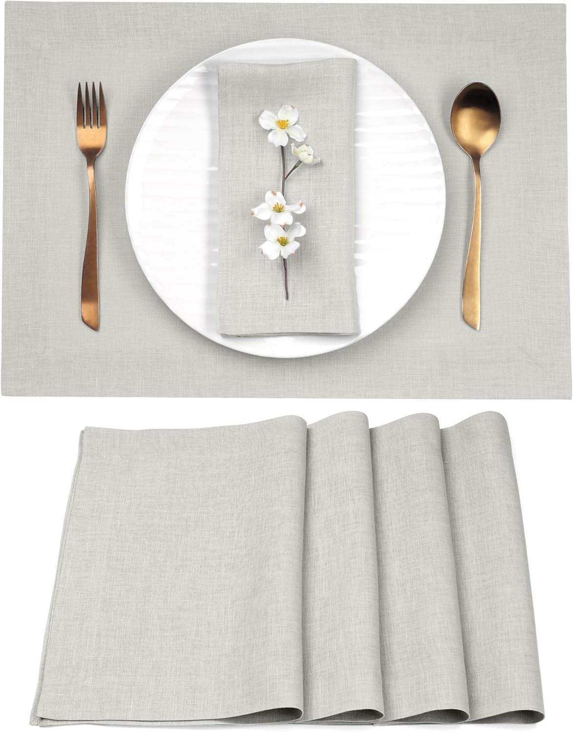 D'Moksha Homes Linen Placemats 14 x 19 Inch - Silver Grey Placemats Set of 4-100% Pure Linen Table Place Mats for Fall, Autumn and Halloween - Handcrafted and Machine Washable