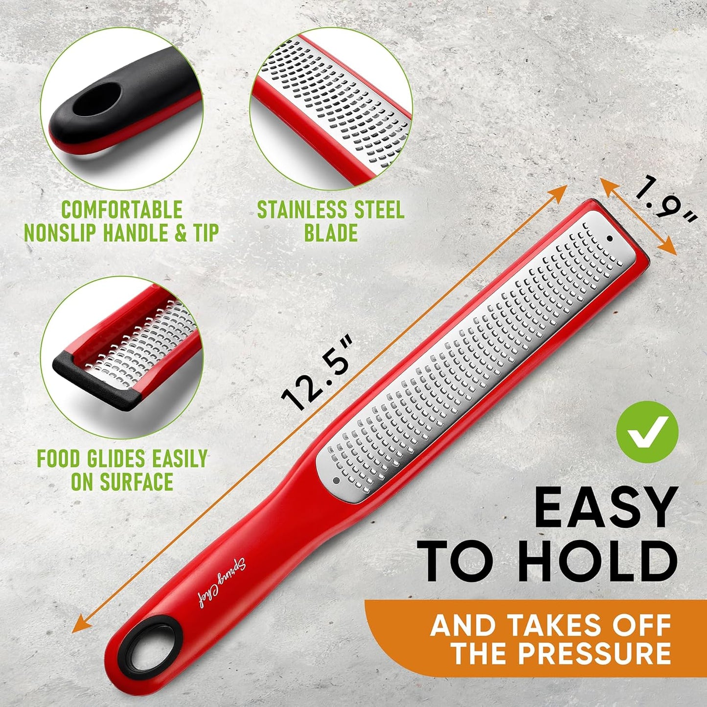 Spring Chef Premium Red Lemon Zester Grater with Handle - Fruit, Garlic, Citrus, Nutmeg, Orange Zester Tool - Heavy Duty Kitchen Shredder - Stainless Steel Ginger Grater with Blade Cover - Fine Shred