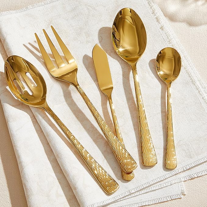 KINGSTONE Gold Hammered Silverware Set, Flatware Set with Serving Utensils, 18/10 Stainless Steel Premium Cutlery with Unique Ripple Handles Design Mirror Polished - Dishwasher Safe (45-Piece)