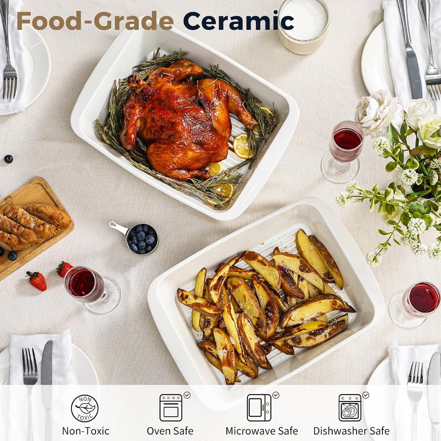 Baking Dish for Oven, 9.3'' x14'' Ceramic Casserole Dish, Lasagna Pan, Oven Safe Bakeware Sets with Handles, Microwave, Dishwasher Safe, Home Decor, Wedding Gift, White, Set of 2