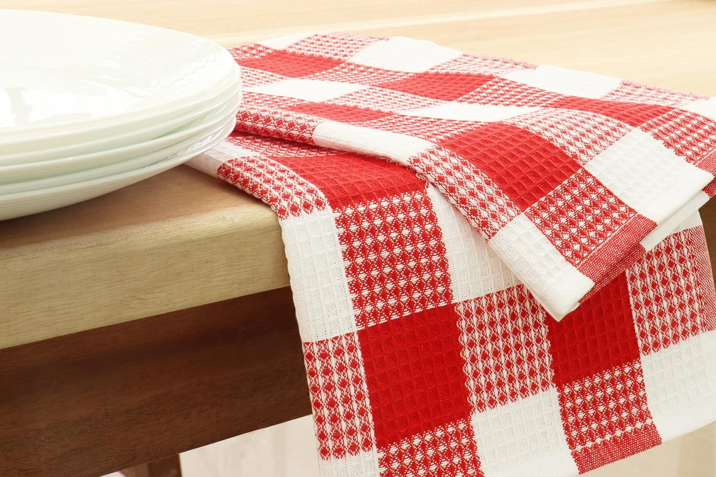 PurpleEssences 100% Cotton Waffle Weave Check Plaid Kitchen Towels, Super Soft and Absorbent Dish Towels for Drying Dishes 15 x 25-6 Pack - Fall Thanksgiving - Red and White