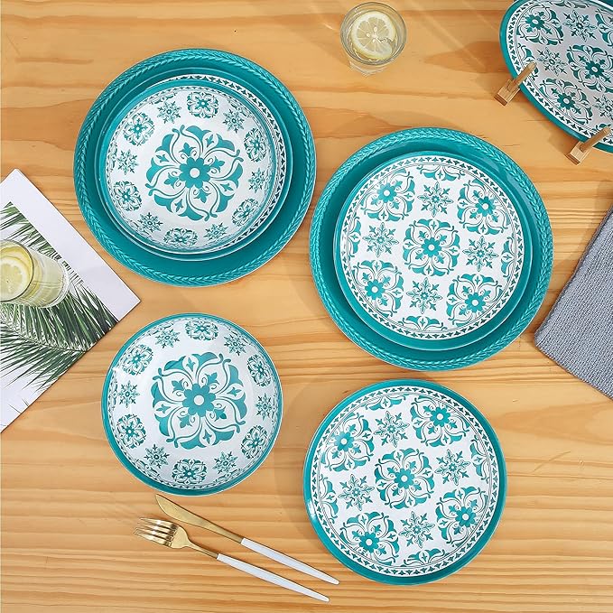 Melamine Dinnerware Set 12-Piece (Service for 4) – Dishwasher Safe, Unbreakable Lightweight Plates & Bowls for Indoor/Outdoor Use – Patio, Kids, Camping