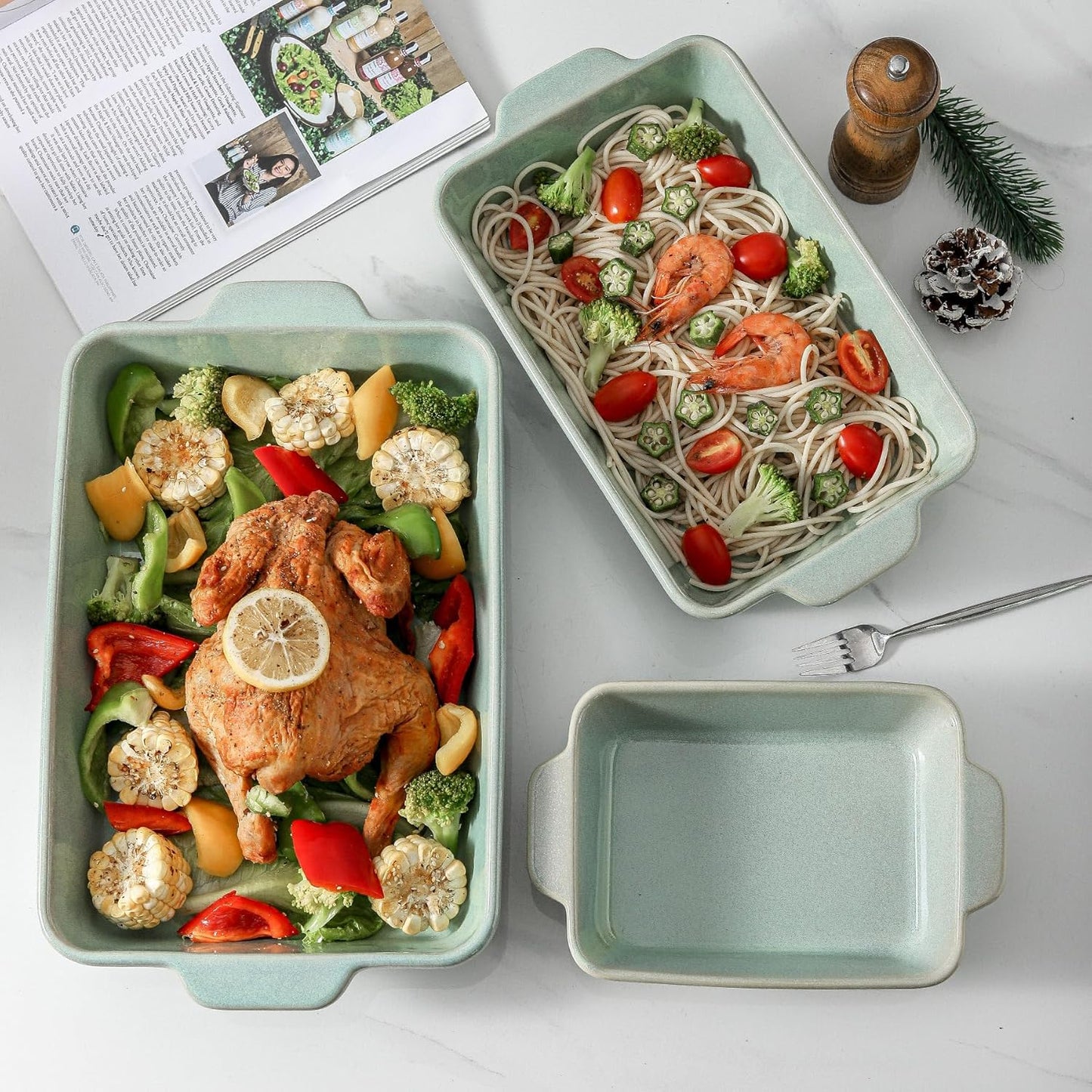 HVH 9x13 Baking Dish Set, Large Casserole Dishes for Oven, Ceramic Bakeware Set of 3, Rectangular Lasagne Pan Deep for Baking (Turquoise)