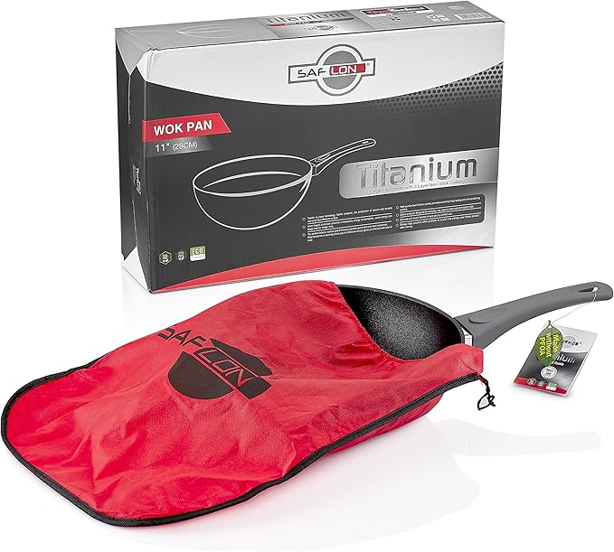 Saflon Titanium Nonstick 5 Piece Wok and Fry Pan Set 4mm Forged Aluminum with PFOA Free Scratch-Resistant Coating from England, Dishwasher Safe