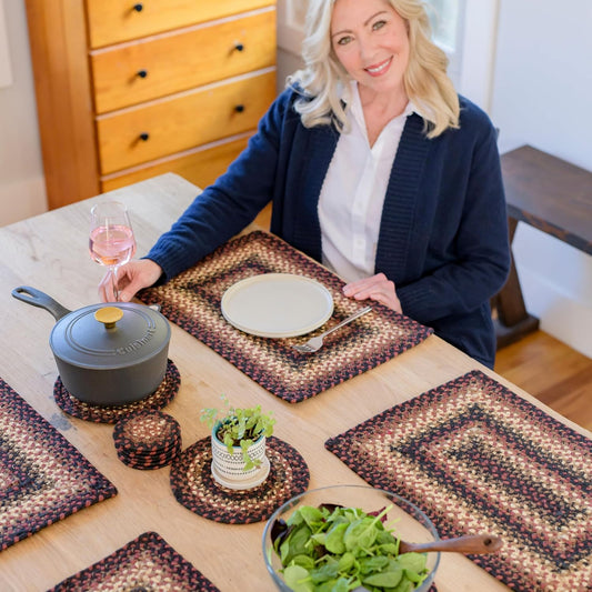 Homespice Prescott Jute Woven Placemats, Country Primitive Decor, Set of 4, Black and Red 13x19 Rectangle Table Mats - Vibrant Colors, Durable, Easy to Clean and Protects Furniture