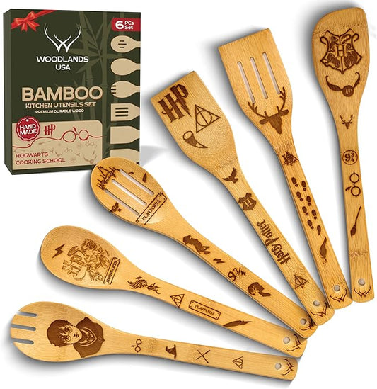 Wooden Spoons for Cooking - 6-Piece Wooden Utensil Set with Spatulas & Spoons, Heat-Resistant, Eco-Friendly Kitchen Utensils for Non-Stick Cookware (Harry Potter)