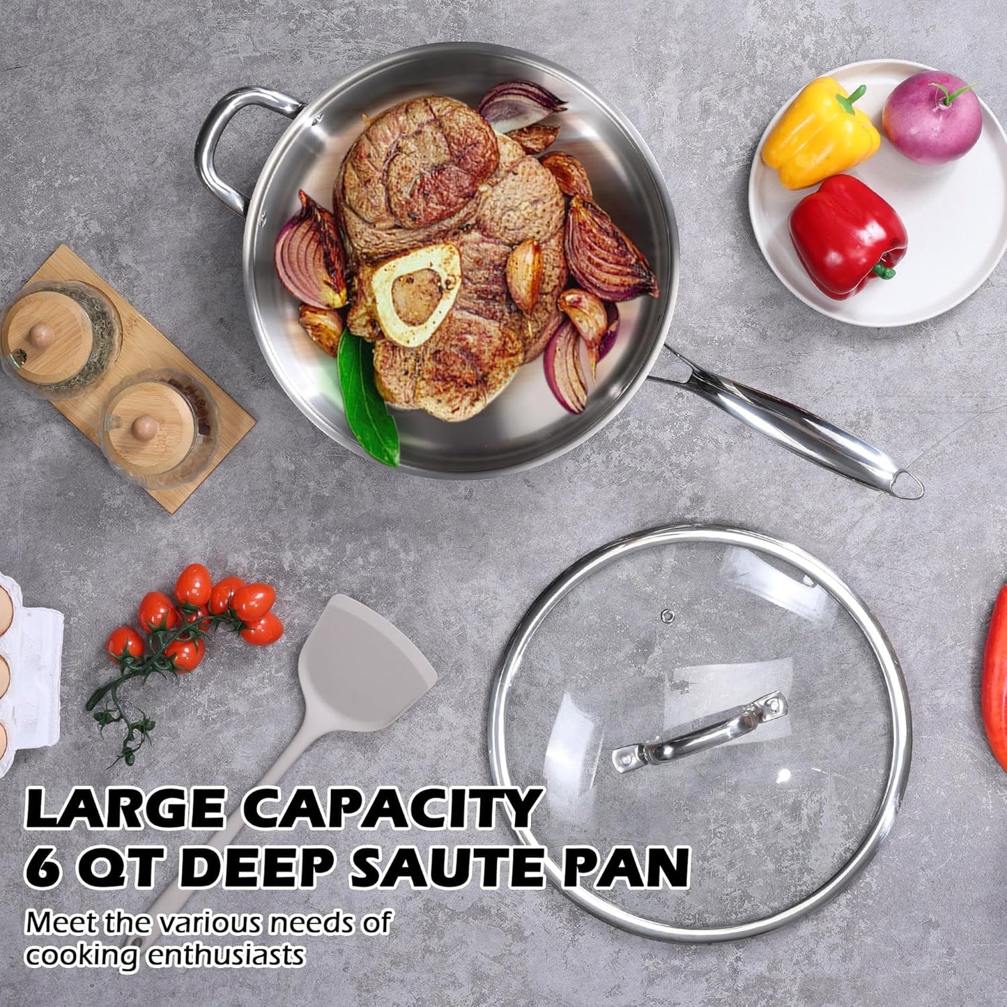 E-far 12 Inch Deep Frying Pan with Lid, 6 Quart Tri-Ply Stainless Steel Saute Pan, Kitchen Skillet, Healthy Non-toxic Cooking Pan for Induction Ceramic Gas Stoves, Heavy Duty, Oven & Dishwasher Safe